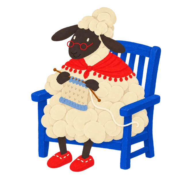 Purl, a grandma sheep in red glasses, knitting in her blue chair